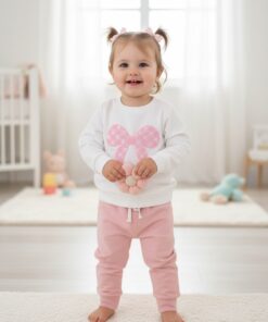girls clothes - full set - This image shows a happy baby girl wearing a soft pink tracksuit set with a white heart-print sweatshirt and matching jogger pants. The outfit is ideal for baby girls, toddler fashion, everyday comfort and parents looking for quality baby clothes in Nairobi.
