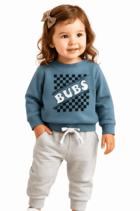 Toddler wearing blue BUBS sweatshirt and grey jogger pants, comfy kids tracksuit outfit sold by ActiveKids Kenya