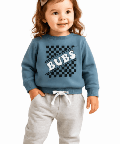 Toddler wearing blue BUBS sweatshirt and grey jogger pants, comfy kids tracksuit outfit sold by ActiveKids Kenya