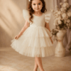 Elegant girls white flower girl dress with layered tulle skirt and ruffle sleeves styled for ActiveKids kids fashion.