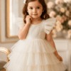 Young girl posing in a white tulle party dress with lace bodice and ruffle sleeves from ActiveKids Kenya.