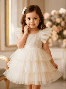 White flower girl dress Kenya with lace bodice and layered tulle skirt sold by ActiveKids Nairobi kids shop