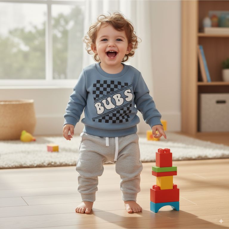Trendy Toddler Tracksuit – Blue "BUBS" Sweatshirt & Grey Jogger Pants | Comfy Kids Outfit - Image 3