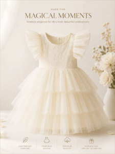 Ivory girls party dress Kenya with lace bodice and layered tulle skirt sold by ActiveKids
