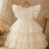 White layered tulle flower girl dress with lace bodice and ruffle sleeves sold by ActiveKids kids shop in Kenya.