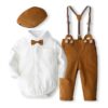 Baby boy gentleman suspender outfit set with white shirt, brown pants, bow tie, and matching cap