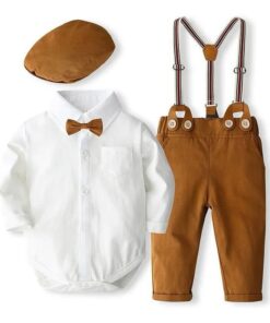 Baby boy gentleman suspender outfit set with white shirt, brown pants, bow tie, and matching cap