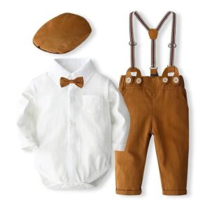 Baby boy gentleman suspender outfit set with white shirt, brown pants, bow tie, and matching cap