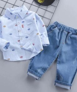 Baby boys car print button-up shirt and denim jogger pants set sold by ActiveKids for online shopping