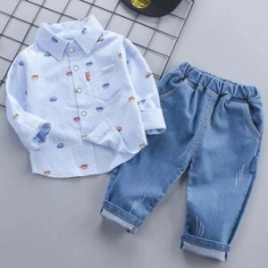 Baby boys car print button-up shirt and denim jogger pants set sold by ActiveKids for online shopping