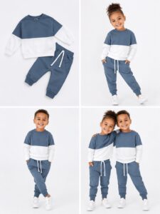 Toddler boy and girl wearing ActiveKids baby tracksuit set in teal and grey — unisex colour block jogger suit available to buy online in Kenya