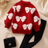 Girls red bow knit sweater and black pants 2-piece set with pearl handbag, baby clothes Kenya