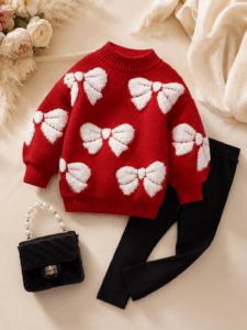 Girls red bow knit sweater and black pants 2-piece set with pearl handbag, baby clothes Kenya