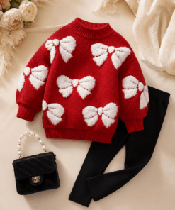 Girls red bow knit sweater and black pants 2-piece set with pearl handbag, baby clothes Kenya