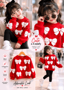 Complete toddler girl outfit set including red bow sweater, black pants and mini pearl handbag, baby shop Kenya