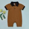 Brown baby boy polo romper with black collar and cuffs from ActiveKids baby shop in Nairobi, ideal for baby clothes, kids clothes and baby essentials in Kenya.