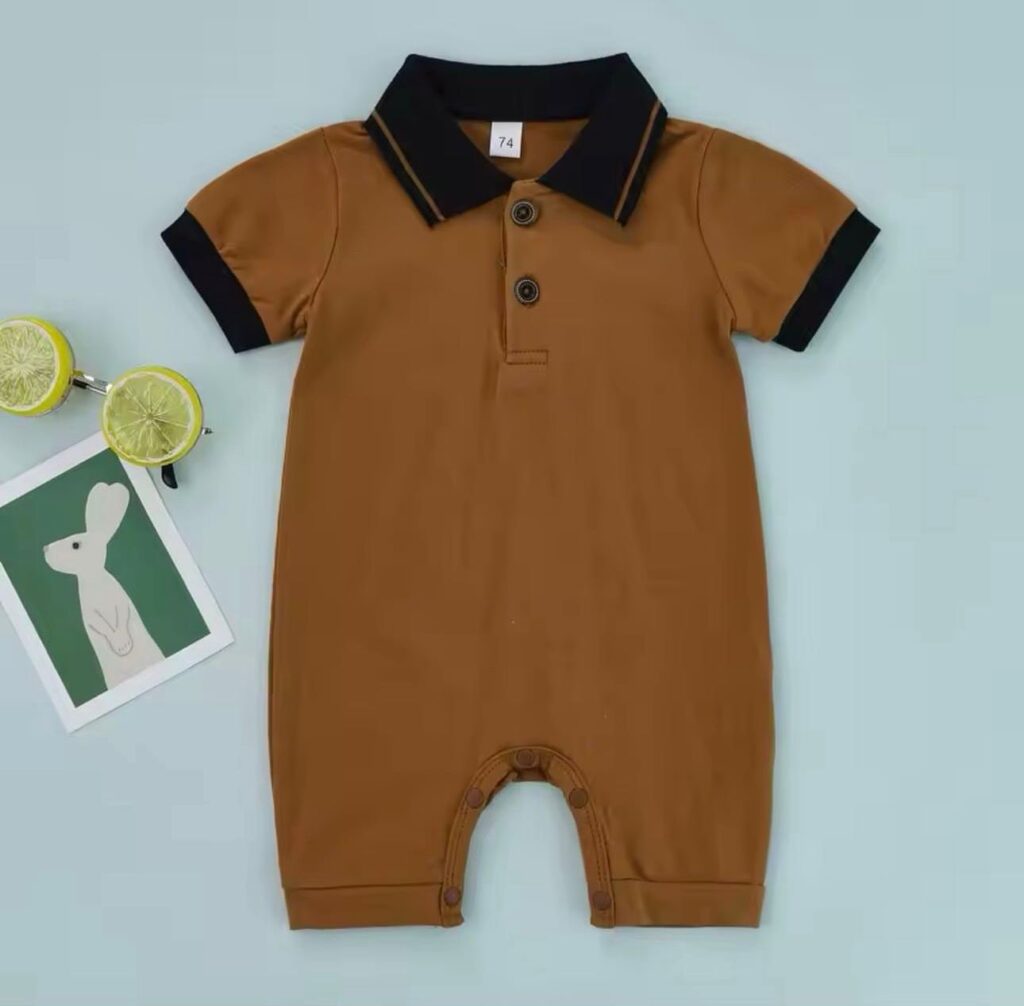 Brown baby boy polo romper with black collar and cuffs from ActiveKids baby shop in Nairobi, ideal for baby clothes, kids clothes and baby essentials in Kenya.