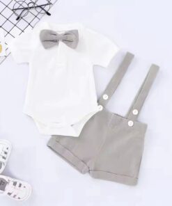 Baby boy suspender outfit set with white shirt, grey bow tie and grey shorts from ActiveKids baby shop in Nairobi