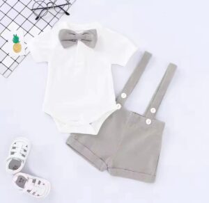 Baby boy suspender outfit set with white shirt, grey bow tie and grey shorts from ActiveKids baby shop in Nairobi