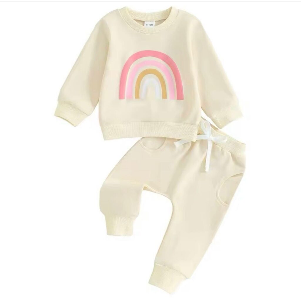 Cream rainbow baby tracksuit set with sweatshirt and jogger pants from ActiveKids baby shop in Nairobi, ideal for newborn clothes, baby clothes and baby essentials.