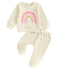 Cream rainbow baby tracksuit set with sweatshirt and jogger pants from ActiveKids baby shop in Nairobi, ideal for newborn clothes, baby clothes and baby essentials.