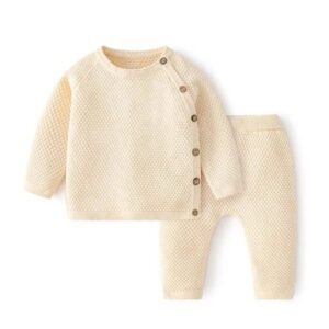 Cream knitted baby outfit set with sweater and pants sold by ActiveKids baby shop in Nairobi